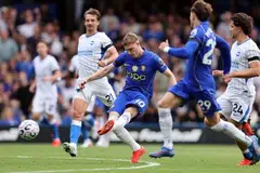 Pemain tengah Chelsea, Cole Palmer, menjaringkan gol keempat pasukannya ketika menentang Brighton & Hove Albion dalam aksi Liga Perdana England (EPL) di Stamford Bridge, London, Britain, pada 30 Ogos 2026.