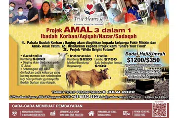 LESTARI BANTUAN: Beri sokongan anda pada projek kelolaan True Hearts.sg. Projek Amal 3 dalam 1 ini bakal disalurkan kepada tiga bahagian, seperti menolong fakir miskin, menyokong projek 'Share Your Food' serta 'Write Bright Future'. - Foto TRUE HEARTS.SG