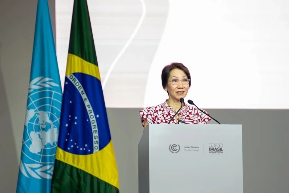 Menteri Kemampanan dan Sekitaran, Cik Grace Fu, menyampaikan kenyataan Singapura semasa rundingan iklim Persidangan Iklim ke-30 (COP30)  Pertubuhan Bangsa-Bangsa Bersatu (PBB) pada 17 November.