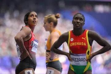 Ratu pecut Singapura, Shanti Pereira (paling kiri), meraih tempat ketujuh daripada sembilan pesaing dalam Saringan 7 pusingan pertama acara 100 meter lari pecut wanita di Sukan Olimpik Paris pada 2 Ogos. 