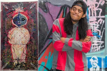 (Gambar kiri) BERCANGGAH: Encik Muhammad Asyraf Said menggunakan gambar pocong dan menjadikan sejadah sebagai latar belakang karya kerja seninya. - Foto NAFA (Gambar kanan) SENANG HADAPI CABARAN: Encik Muhammad Asyraf Said yang dilahirkan dengan wajah tidak sempurna menghadapi segala cabaran dengan penuh keyakinan dan ketenangan. - Foto ZALEHA ABDUL KADER. 