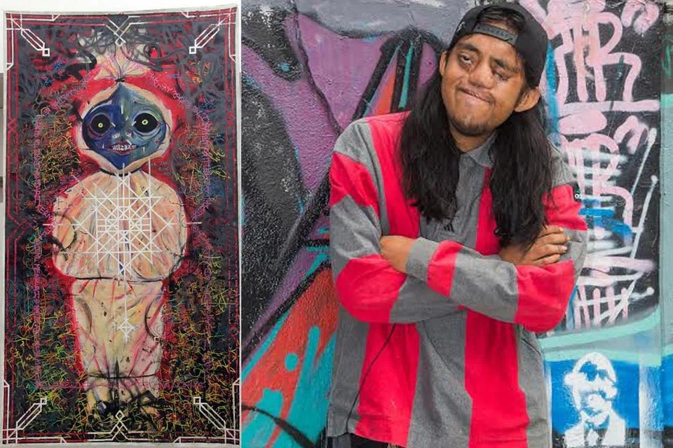(Gambar kiri) BERCANGGAH: Encik Muhammad Asyraf Said menggunakan gambar pocong dan menjadikan sejadah sebagai latar belakang karya kerja seninya. - Foto NAFA (Gambar kanan) SENANG HADAPI CABARAN: Encik Muhammad Asyraf Said yang dilahirkan dengan wajah tidak sempurna menghadapi segala cabaran dengan penuh keyakinan dan ketenangan. - Foto ZALEHA ABDUL KADER. 