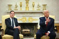 Presiden Amerika Syarikat, Donald Trump, bercakap kepada media ketika beliau bertemu dengan Setiausaha Agung NATO, Mark Rutte, di Pejabat Oval, Rumah Putih, Washington, DC, pada 13 Mac 2025.