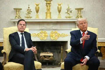 Presiden Amerika Syarikat, Donald Trump, bercakap kepada media ketika beliau bertemu dengan Setiausaha Agung NATO, Mark Rutte, di Pejabat Oval, Rumah Putih, Washington, DC, pada 13 Mac 2025.