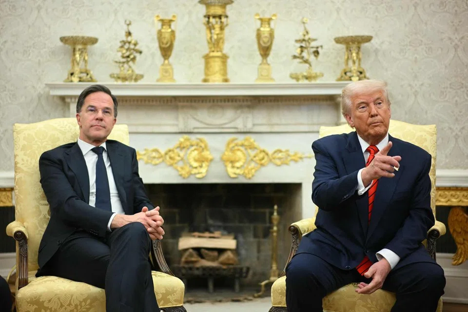 Presiden Amerika Syarikat, Donald Trump, bercakap kepada media ketika beliau bertemu dengan Setiausaha Agung NATO, Mark Rutte, di Pejabat Oval, Rumah Putih, Washington, DC, pada 13 Mac 2025.