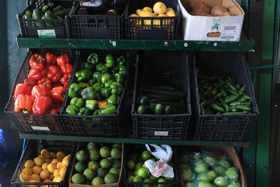 Buah-buahan dan sayur-sayuran tersusun dalam bakul di sebuah kedai di Miami, Florida, Amerika Syarikat. 