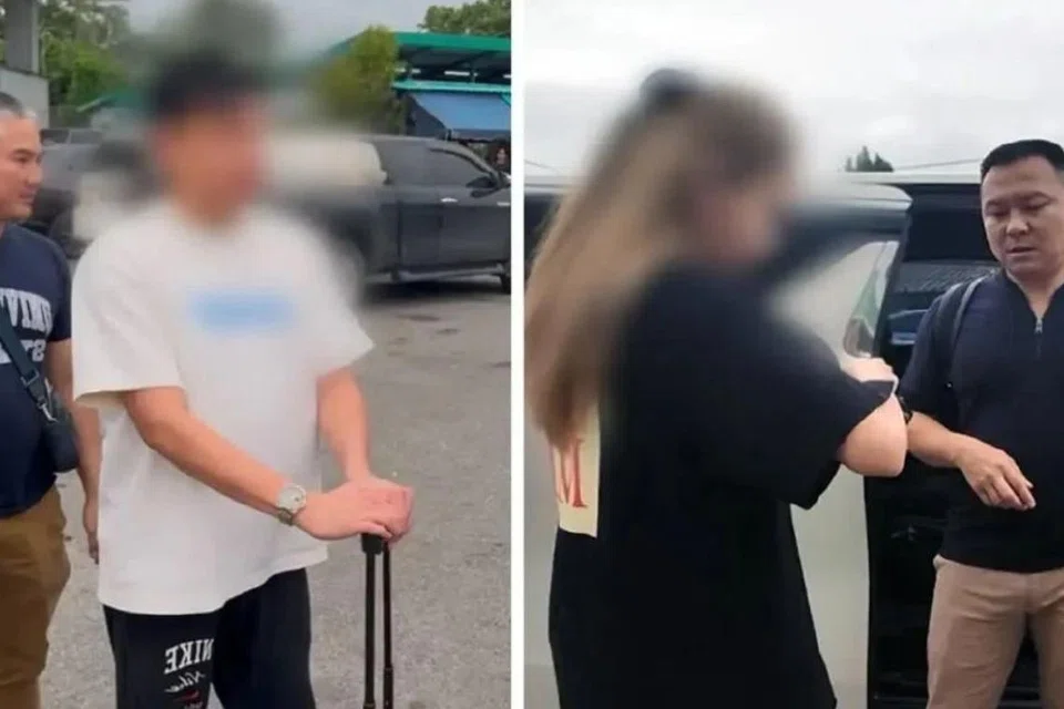 Lelaki warga Malaysia (kiri) disyaki ketua sindiket jenayah pengubahan wang haram ditahan polis Thailand di Sadao, Thailand, pada 16 Disember, manakala isterinya, warga Thailand (kanan) yang dipercayai turut terbabit ditahan di lokasi berasingan pada 18 Disember, juga di Thailand.