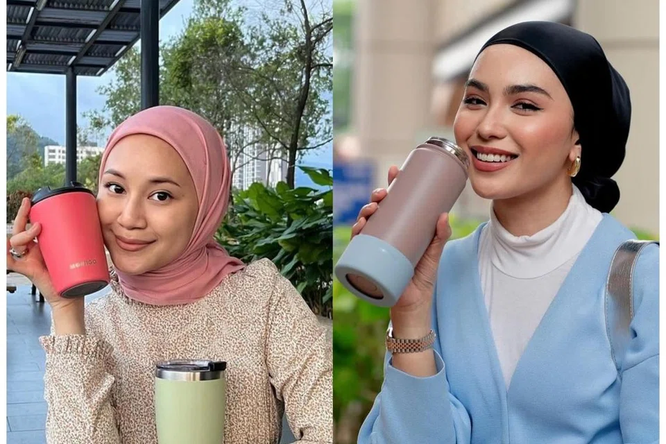 Pempengaruh Jazlin Nasuha (kiri) dan pelakon Malaysia, Sharifah Rose antara yang turut bergaya mempromosikan termos masing-masing di akaun media sosial mereka. 