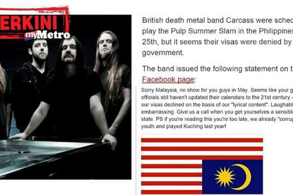 CETUS KEMARAHAN: Kumpulan Carcass dari Liverpool membangkitkan kemarahan kerana memuat naik status di Facebook yang menunjukkan rasa tidak puas hati mereka dilarang membuat persembahan di Malaysia. - foto MYMETRO