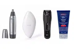 (Dari kiri) Perapi Hidung Dan Telinga Braun Model EN 10, Penyembur Kabus Lifetrons Nano Mist NS-400, Pemotong Janggut Braun BT 5070, Rawatan Pelembap Menyegarkan Harian Kiehl'S Facial Fuel Dengan SPF19