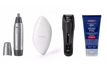 (Dari kiri) Perapi Hidung Dan Telinga Braun Model EN 10, Penyembur Kabus Lifetrons Nano Mist NS-400, Pemotong Janggut Braun BT 5070, Rawatan Pelembap Menyegarkan Harian Kiehl'S Facial Fuel Dengan SPF19