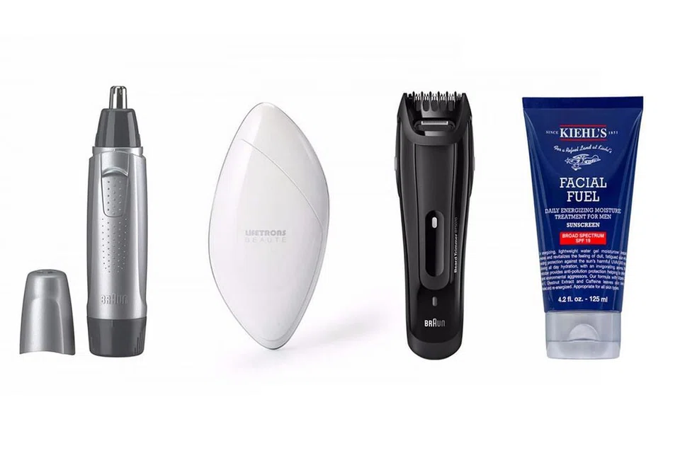 (Dari kiri) Perapi Hidung Dan Telinga Braun Model EN 10, Penyembur Kabus Lifetrons Nano Mist NS-400, Pemotong Janggut Braun BT 5070, Rawatan Pelembap Menyegarkan Harian Kiehl'S Facial Fuel Dengan SPF19