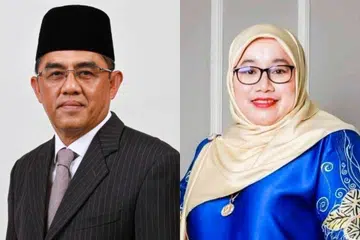 Ahli Dewan Undangan Negeri (Adun) Permas, Encik Baharudin Mohamed Taib (kiri), dan  Adun Penawar, Cik Fauziah Misri.