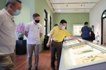 TINJAU SENI DAN KEHIJAUAN ALAM SEMESTA: (Dari kiri) Dr Tan Puay Yok, Dr Michele Rodda dan Encik Heng Swee Keat meninjau bahan pameran di Galeri Seni Botani di Inverturret House, Kebun Bunga. - Foto BH oleh GAVIN FOO 