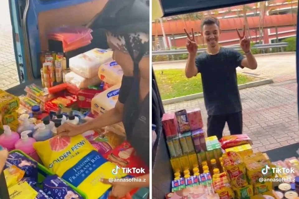 Hasil sumbangan sekitar $700 daripada orang ramai, Cik Ilyia dan suaminya Encik Zafri (gambar kanan) membeli hampir 200 barang keperluan untuk diagihkan menerusi inisiatif Rezeki Bergerak.