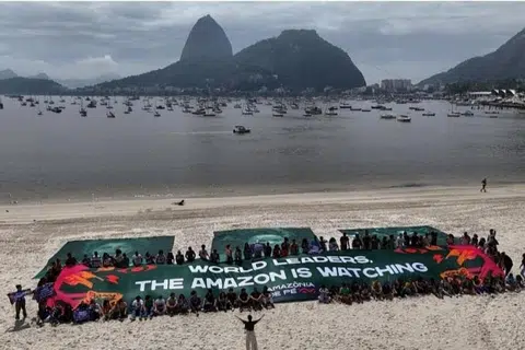 Para aktivis di Botafogo, Rio de Janeiro, menggesa pemimpin negara Kumpulan 20 (G20) agar melahirkan komitmen jelas untuk melindungi kawasan Amazon. 