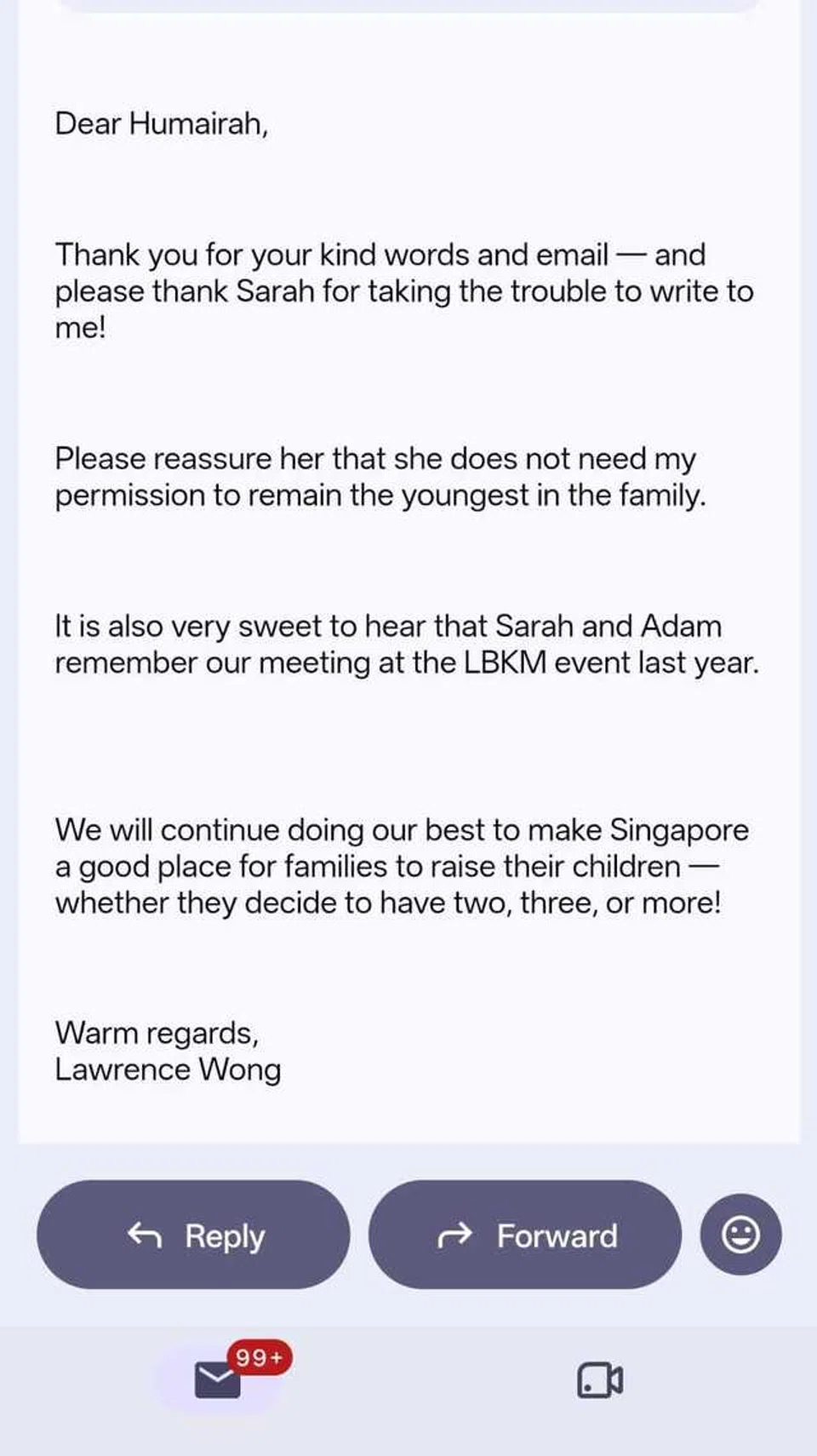 E-mel Perdana Menteri, Encik Lawrence Wong, kepada Cik Humairah mengenai surat anaknya, Sarah.