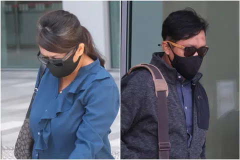 DIDAKWA DI BAWAH OSA: Noorain Jubli (kiri) dan suami Khairul Annuar Zakaria boleh didenda hingga $2,000 dan dipenjara hingga dua tahun di atas membocorkan maklumat mengenai pemutus rantaian jangkitan Covid-19. - Foto LIANHE ZAOBAO