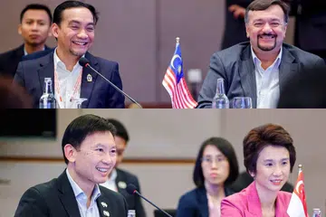 (Gambar atas) Menteri Besar Johor, Datuk Onn Hafiz Ghazi (kiri), bersama Menteri Kewangan II, Senator Datuk Seri Amir Hamzah Azizan (kanan). (Gambar bawah) Menteri Pembangunan Singapura, Encik Chee Hong Tat (kiri), bersama Menteri Negara Kanan (Perdagangan dan Perusahaan merangkap Kebudayaan, Masyarakat dan Belia), Cik Low Yen Ling (kanan).