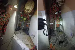 PENEMUAN NGERI: Bomba dan Penyelamat Selangor mengambil masa lebih dua jam untuk memecahkan kolam air sebelum menemui mayat wanita yang ditanam dan disimen di sebuah rumah di Pandamaran. 