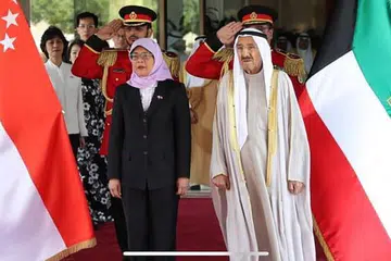 Presiden Halimah bertemu Amir Kuwait Sheikh Sabah Al Ahmad Al Jaber Al Sabah di Istana Bayan, Kuwait. Foto: MCI