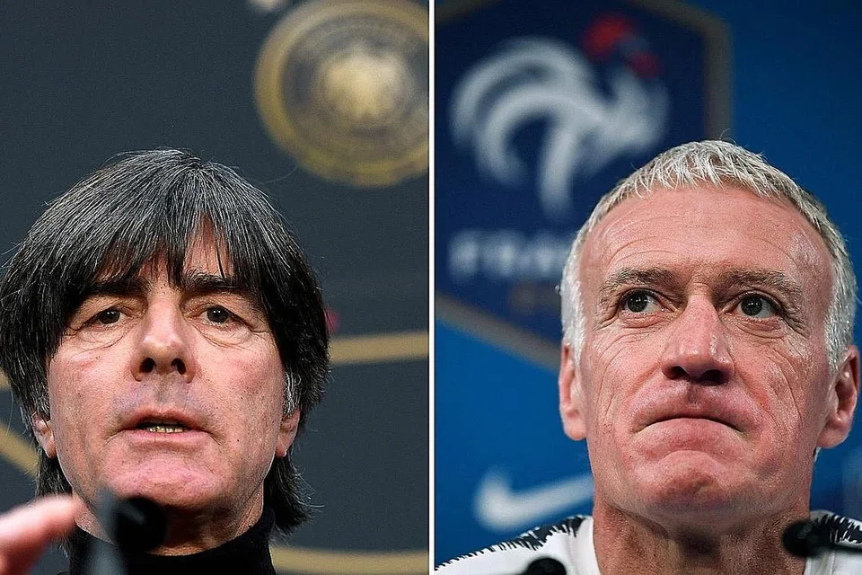 DUA GERGASI BERTEMBUNG: Jurulatih Joachim Low (kiri) berharap dapat mencapai kecemerlangan buat kali terakhir sebelum meninggalkan pasukan Jerman, tetapi rekod Didier Deschamps dalam aksi kebelakangan ini mantap, membuat Perancis kelihatan sukar ditewaskan apabila dalam perlawanan pembukaan Kumpulan F di Munich awal pagi esok. - Foto AFP