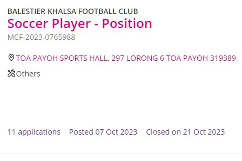 IKLAN PEKERJAAN: Baru-baru ini, kelab bola sepak tempatan Balestier Khalsa memuat naik iklan bagi pemain bola sepak sebagai memenuhi keperluan Kementerian Tenaga Manusia (MOM) untuk memohon Pas Pekerjaan.