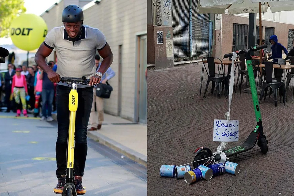(Kiri) SIAPA LAJU: Bekas pelari pecut, Usain Bolt, menunggang e-skuter semasa pelancaran antarabangsa Bolt Electirc Scooters oleh Bolt Mobility di Paris. (Kanan) TEMPAT LETAK E-SKUTER: Sebuah e-skuter yang disewa dengan ucapan 'Baru Kahwin' dibiarkan di tempat pejalan kaki di Montevideo, Uruguay, pada 8 Mei lalu. Penggunaan e-skuter yang murah dan cepat mula membimbangkan keselamatan warga Amerika Latin. - Foto-foto REUTERS, AFP
