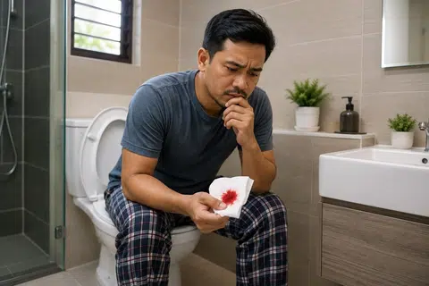 FOTO HIASAN: Seorang lelaki memeriksa kesan darah pada tisu selepas membuang air besar. Pendarahan dari dubur kerap dikaitkan dengan buasir, tetapi jika ia berterusan atau disertai perubahan tabiat membuang air besar, kehilangan berat badan tanpa sebab dan keletihan, ia juga boleh menjadi petanda barah kolorektal dan perlu diperiksa doktor.