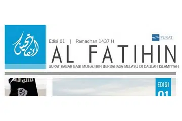 AKHBAR AL FATIHIN IS: Bahan propaganda berbahasa Melayu-Indonesia ini bertujuan menyebarkan diayah IS di rantau Asia Tenggara, yakni kawasan dengan jumlah penduduk Muslim yang besar. - Foto INTERNET