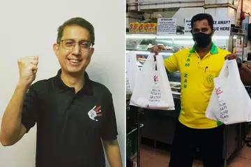 TERUSKAN USAHA: Dr Muhammad Faishal Ibrahim (kiri) gesa masyarakat terus menyokong usaha negara menangani masalah penyalahgunaan dadah. Restoran Zam-Zam (kanan) merupakan antara restoran yang menyertai kempen Dadah Itu Haram. Mulai minggu lalu, restoran itu menggunakan beg plastik yang memaparkan pesanan Dadah Itu Haram. - Foto FACEBOOK FAISHAL IBRAHIM