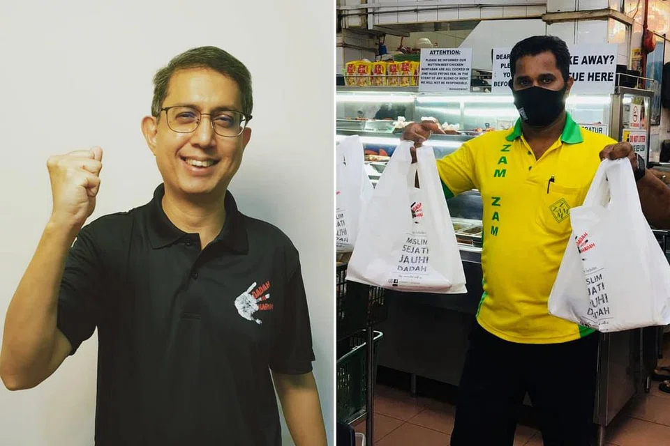 TERUSKAN USAHA: Dr Muhammad Faishal Ibrahim (kiri) gesa masyarakat terus menyokong usaha negara menangani masalah penyalahgunaan dadah. Restoran Zam-Zam (kanan) merupakan antara restoran yang menyertai kempen Dadah Itu Haram. Mulai minggu lalu, restoran itu menggunakan beg plastik yang memaparkan pesanan Dadah Itu Haram. - Foto FACEBOOK FAISHAL IBRAHIM