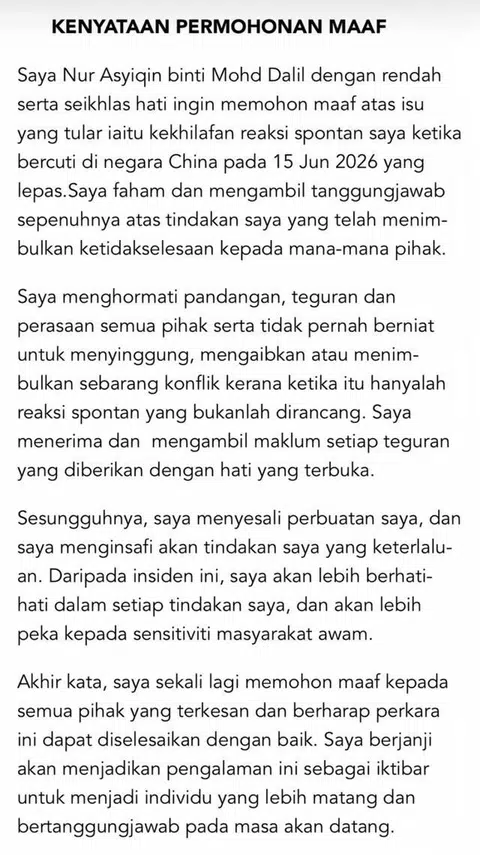 Hantaran kenyataan minta maaf oleh Cik Asyiqin di TikTok pada 20 Jun.