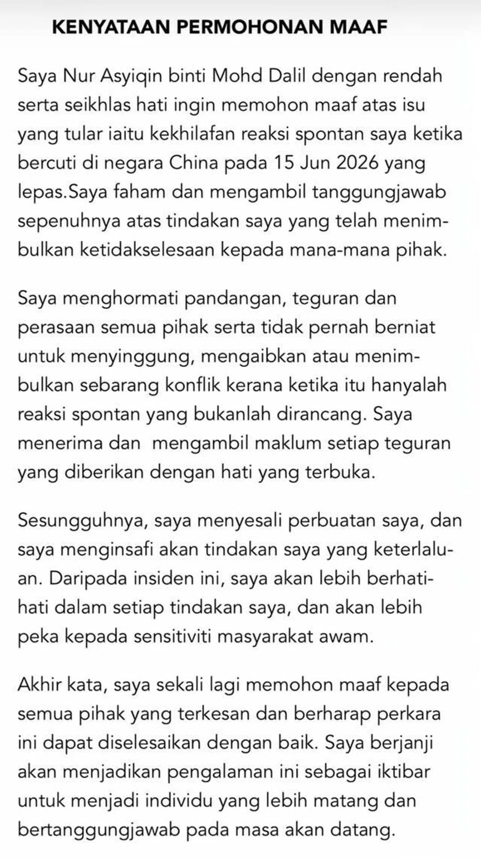 Hantaran kenyataan minta maaf oleh Cik Asyiqin di TikTok pada 20 Jun.