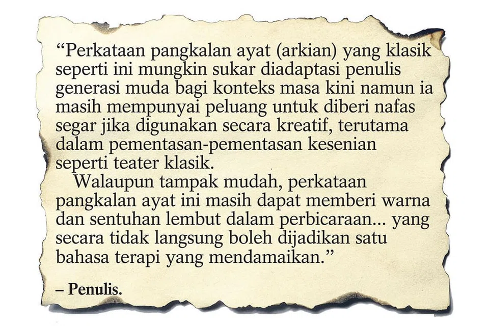 HANG JEBAT: Salah satu adegan dalam filem Melayu klasik, Hang Jebat, cenderung menggunakan bahasa dengan ungkapan yang sebahagiannya kini jarang digunakan. - Foto fail SENTUHAN KREATIF: Bahasa klasik yang menggunakan pangkalan ayat seperti hatta, syahadan, alkisah boleh terus digunakan secara kreatif terutama dalam teater-teater klasik seperti bangsawan. - Foto SRI MAMANDA BANGSAWAN PTE LTD