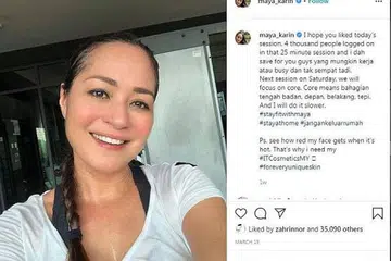 MANFAATKAN MASA: Maya Karin menggunakan Instagramnya untuk siaran langsung sesi senaman selama setengah jam pada Rabu dan Sabtu lalu. Katanya, ia bertujuan mempromosikan gaya hidup sihat kepada pengikutnya walaupun pada waktu sukar kerana pergerakan yang terbatas. - Foto MAYA KARIN / INSTAGRAM