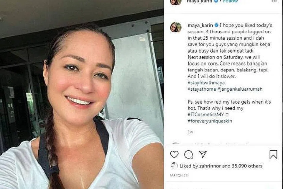 MANFAATKAN MASA: Maya Karin menggunakan Instagramnya untuk siaran langsung sesi senaman selama setengah jam pada Rabu dan Sabtu lalu. Katanya, ia bertujuan mempromosikan gaya hidup sihat kepada pengikutnya walaupun pada waktu sukar kerana pergerakan yang terbatas. - Foto MAYA KARIN / INSTAGRAM