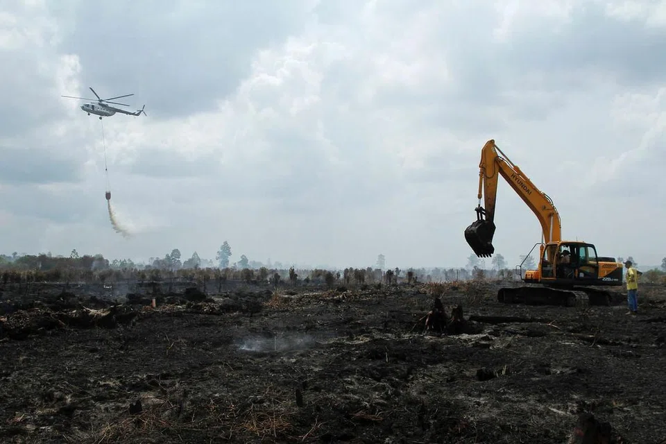 Gambar yang diambil pada 30 Ogos 2016 ini menunjukkan sebuah helikopter Badan Pengurusan Bencana Nasional (BNPB) Indonesia menjalankan misi pengeboman air bagi memadanmkan kebakaran di Kampar, Riau. 