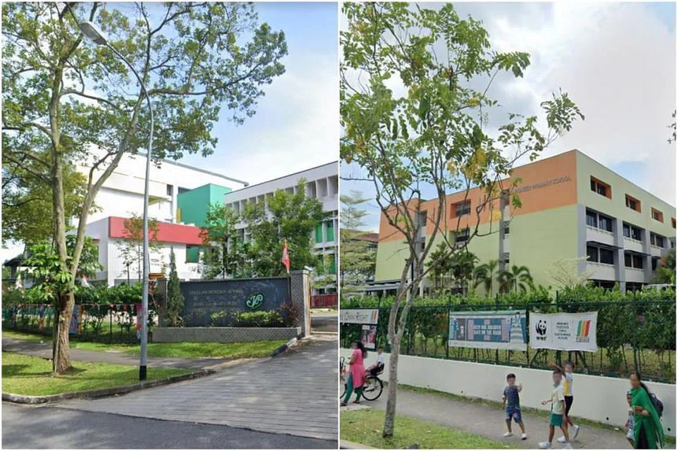 Dua sekolah pertama yang digabungkan adalah Sekolah Rendah Juying (kiri) dan Sekolah Rendah Pioneer.