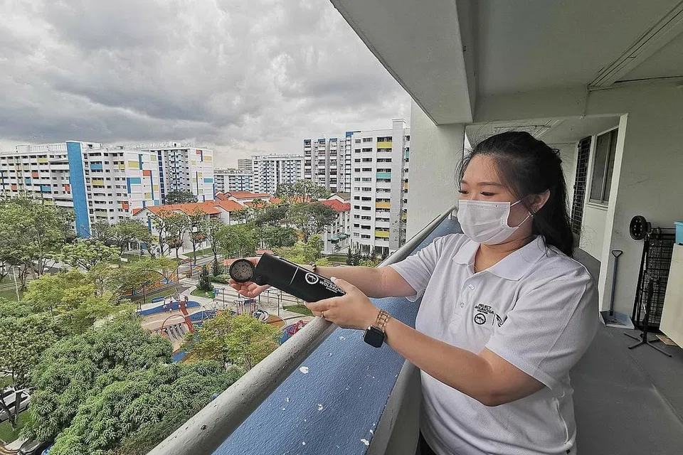 PENDEKATAN PENCENGKAMAN: Seorang pegawai NEA melepaskan nyamuk jantan yang dijangkiti dengan bakteria Wolbachia di sebuah blok HDB sebagai sebahagian daripada Projek Wolbachia di Singapura yang menggunakan pendekatan pencengkaman. - Foto NEA