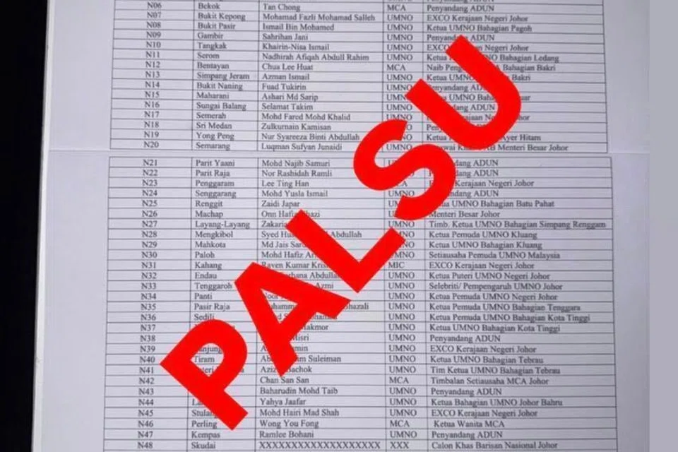 Senarai calon Barisan Nasional (BN) untuk bertanding pada Pilihan Raya Negeri Johor ke-16 yang tular disahkan palsu oleh Menteri Besar Johor yang juga Pengerusi BN Johor, Datuk Onn Hafiz Ghazi.