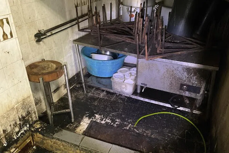 Kawasan penyediaan makanan dan premis yang kotor di dapur syarikat katering, Makanan Shaik Sabri Pte Ltd di 3015 Bedok North Street 5, didapati sarat lipas.