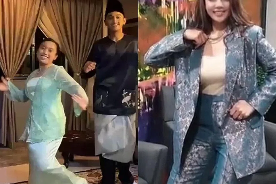 TARI CERIA: Penyanyi remaja (dari kiri) Sarah Syazlina dan Syah Riszuan serta deejay Ria 897, Azura Goh sahut cabaran joget #HariRaya Selamat yang diberi Wisma Geylang Serai menerusi wadah TikTok. - Foto WISMA GEYLANG SERAI