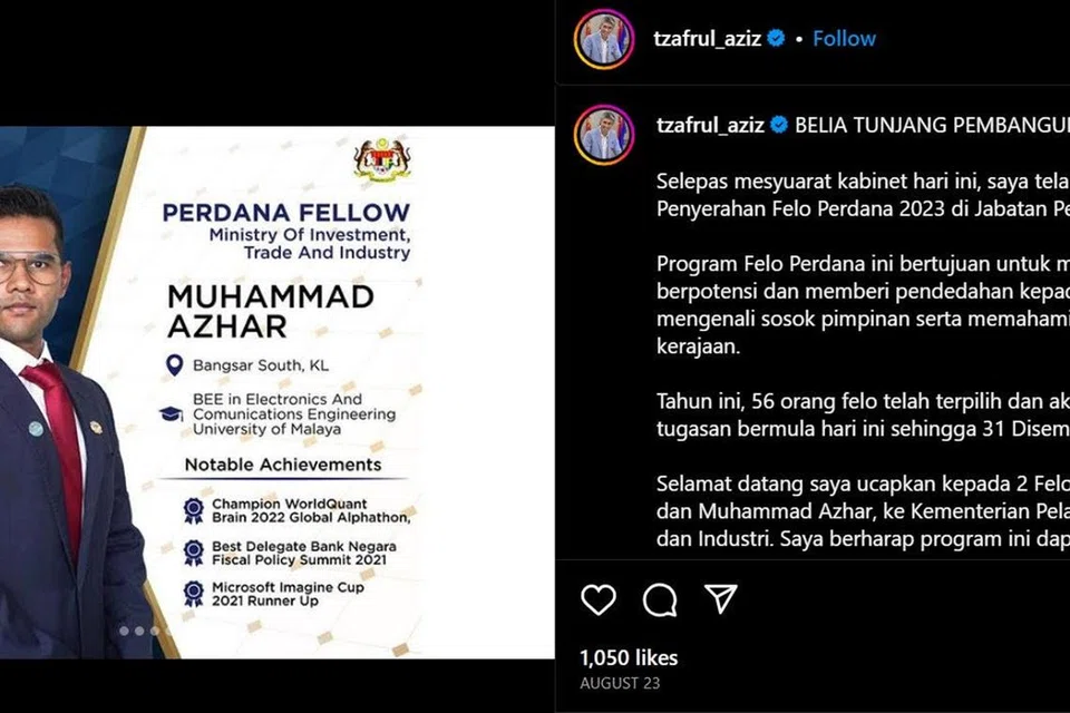 KELULUSAN PALSU: Gambar Encik Azhar dan ‘pencapaiannya’ dikongsi oleh Encik Zafrul di Instagram, tetapi sudah dipadamkan.