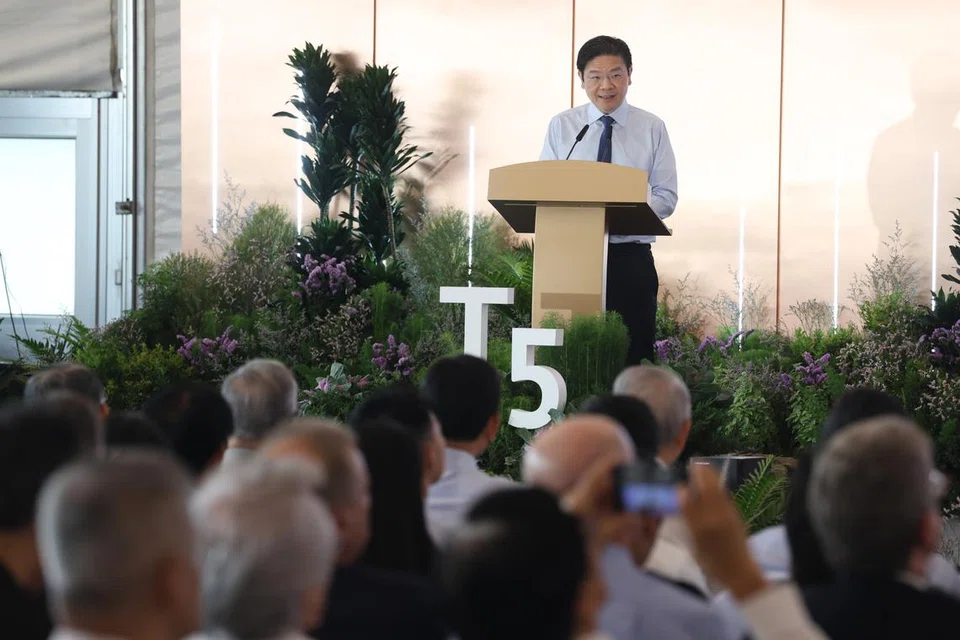 Perdana Menteri, Encik Lawrence Wong, di majlis pecah tanah Terminal 5 Lapangan Terbang Changi pada 14 Mei.