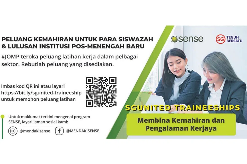 USAHA SAMA: Iklan yang diterbitkan Mendaki Sense dan SG Teguh Bersatu di Berita Harian yang menawarkan peluang kemahiran bagi siswazah dan lulusan institusi pos-menengah. - Foto fail