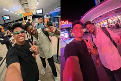 MURAH HATI: Pencipta kandungan, Encik Muhammad Imran Shamer Abdul Nasir (kiri dalam kededua gambar), atau dikenali sebagai ‘Aimrun’, belanja pekerja asing dari India, Encik Dharmar,  tiket masuk ke Universal Studios Singapore (USS) pada 4 Ogos.