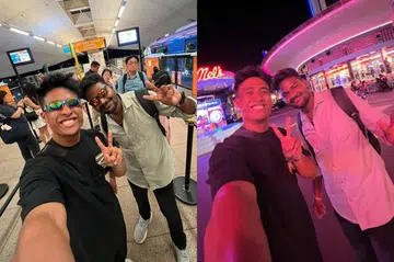 MURAH HATI: Pencipta kandungan, Encik Muhammad Imran Shamer Abdul Nasir (kiri dalam kededua gambar), atau dikenali sebagai ‘Aimrun’, belanja pekerja asing dari India, Encik Dharmar,  tiket masuk ke Universal Studios Singapore (USS) pada 4 Ogos.