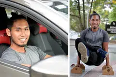 GEMBIRA BEKERJA: Encik Haaziq (gambar kiri dan kanan) memandu Uber untuk membiayai harga sewa kereta dengan kereta itu lebih kerap digunakan untuk membawa peralatan senaman setiap kali mengadakan kelas-kelas kecergasan, sesuatu yang sememangnya menjadi minatnya. - Foto-foto BM oleh M.O. SALLEH