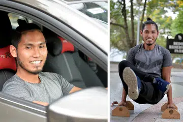 GEMBIRA BEKERJA: Encik Haaziq (gambar kiri dan kanan) memandu Uber untuk membiayai harga sewa kereta dengan kereta itu lebih kerap digunakan untuk membawa peralatan senaman setiap kali mengadakan kelas-kelas kecergasan, sesuatu yang sememangnya menjadi minatnya. - Foto-foto BM oleh M.O. SALLEH